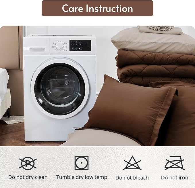 7 Pieces Full Comforter Set, Reversible Bed in a Bag Full Size, All Season Bedding Set with Comforter, Flat Sheet, Fitted Sheet, Pillowcases & Shams, Brown & Khaki