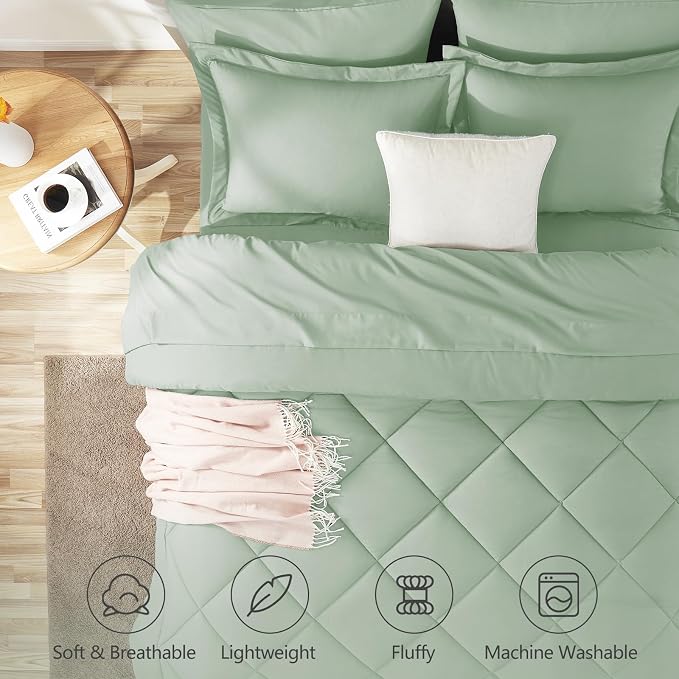 King Size Comforter Set Sage Green - 7 Pieces Complete Bedding Set | OEKO-TEX Certified, All Season, 240GSM Down-Alternative Comforter, Sheets, Pillowcases & Shams, 14" Deep Pocket, Easy Care