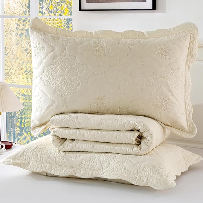 Cmfshape Oversized Floral Embroidery Quilt Set,3 Pieces Super King Quilt Bedding Set,Classic Diamond Pattern Quilt,Ultra Soft Lightweight Bedspread Coverlet for All Season(Cream White,120"x120")