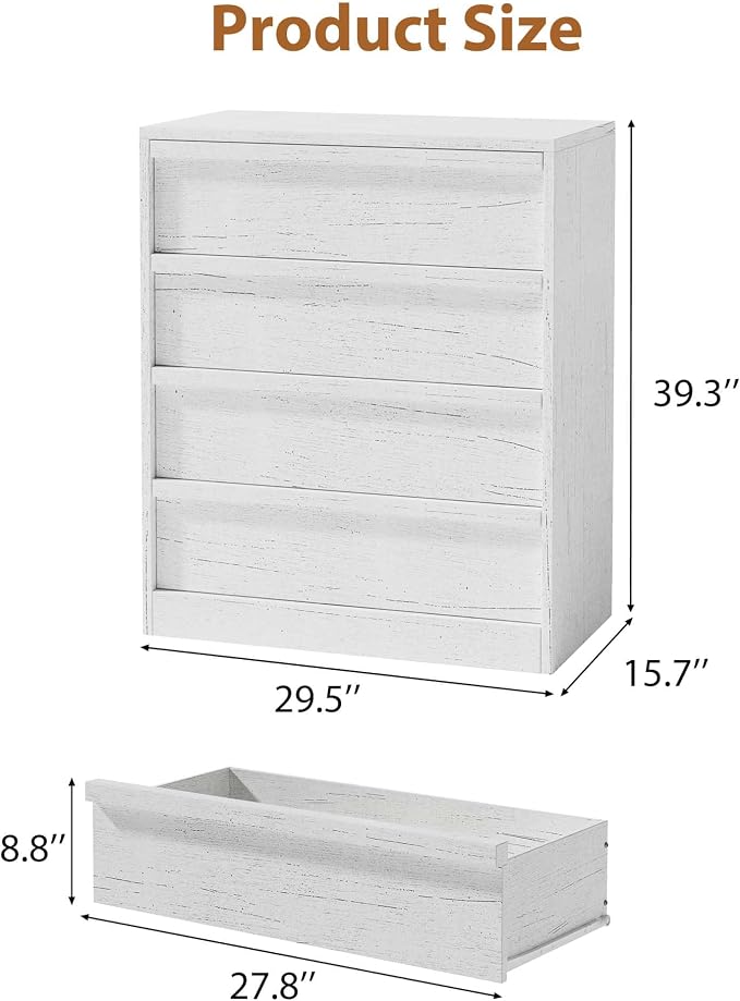 Garvee 4 Dresser for Bedroom, 39.3" Tall Dresser, Freestanding Vertical Drawer with Storage, Wooden Closet Chest Storage for Living Room, Hallway, Entryway, White