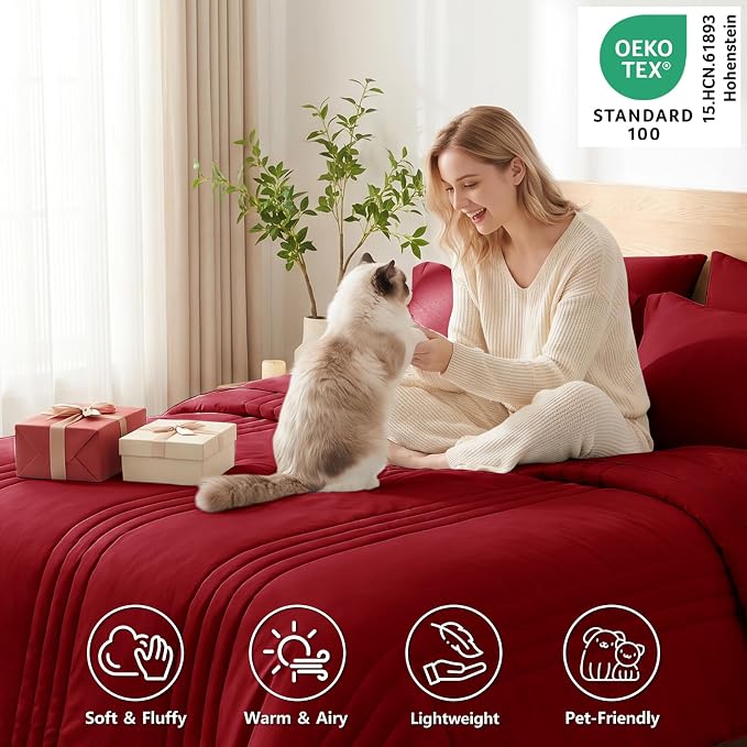 Full Size Comforter Sets Dark Red- 7 Pieces Bed in a Bag | OEKO-TEX Certified, 240GSM Down-Alternative Comforter, 14" Deep-Pocket Sheets, Shams & Pillowcases, Lightweight