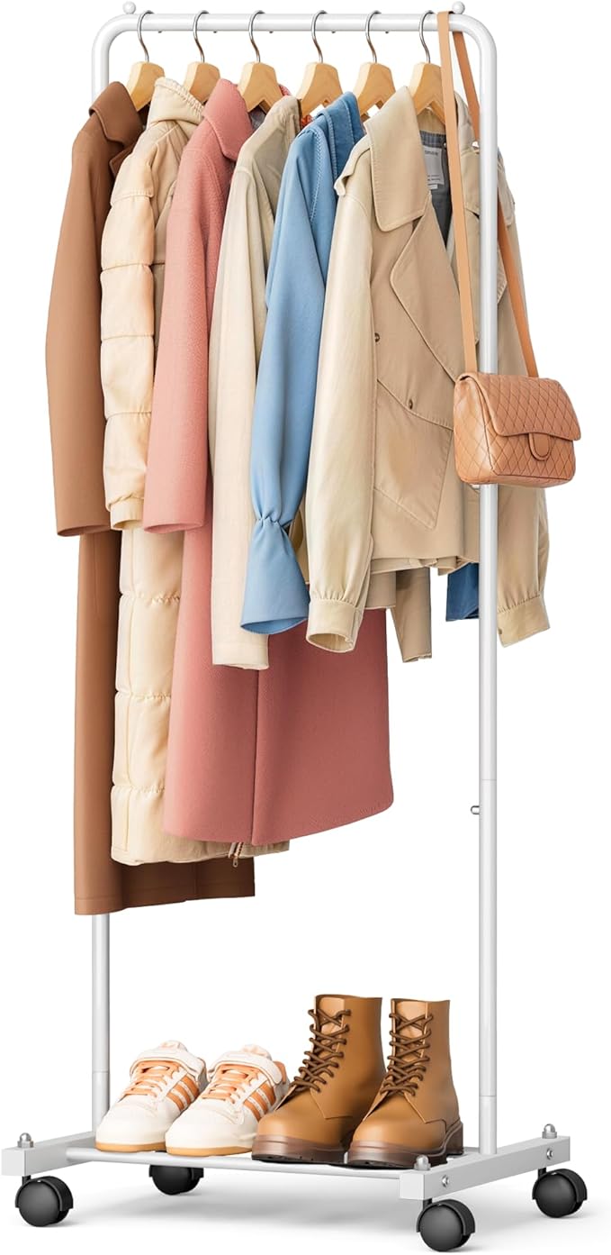 KIMBORA Small Clothing Rack with Wheels, Portable Clothes Racks for Hanging Clothes, 56" Metal Rolling Garment Rack for Coats, Jackets, and Shirts, White