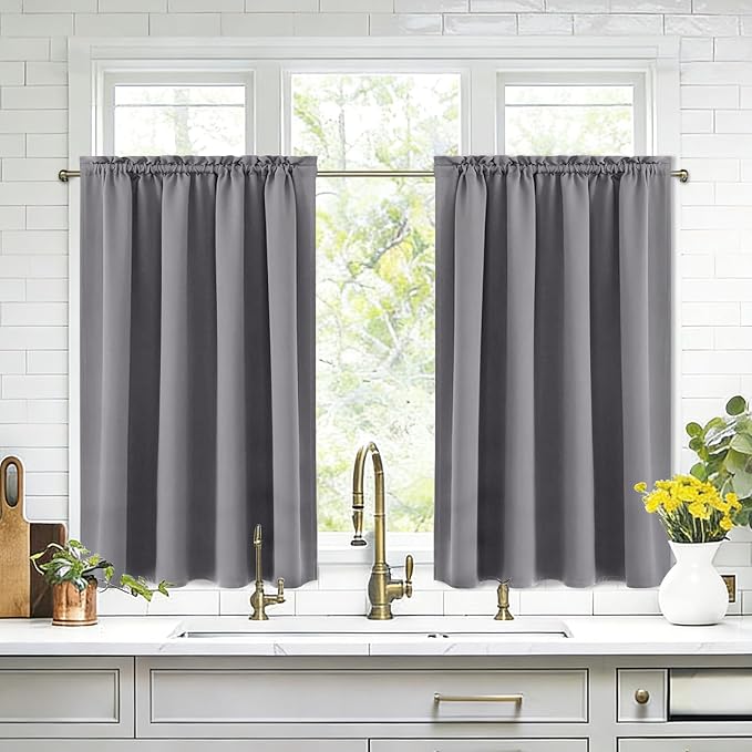 DWCN Short Blackout Curtains 52 x 36 Inch Long for Kitchen RV Bunk Grey | 2 Panels Set, Kitchen Window Curtains Over Sink, Thermal Insulated, Light Blocking, Rod Pocket Drapes for Small Window
