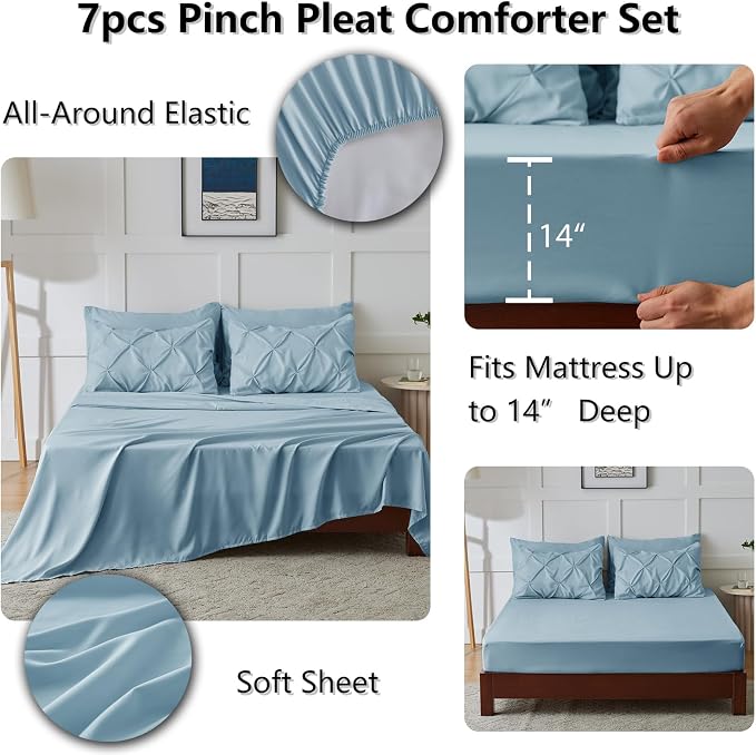 HIMEET Queen Comforter Set Light Blue - 7 Pieces Pintuck Bed in a Bag | OEKO-TEX Certified, 240GSM Down Alternative Comforter, 14" Deep Pocket Fitted Sheet + Flat Sheet + 2 Pillowcases + 2 Shams