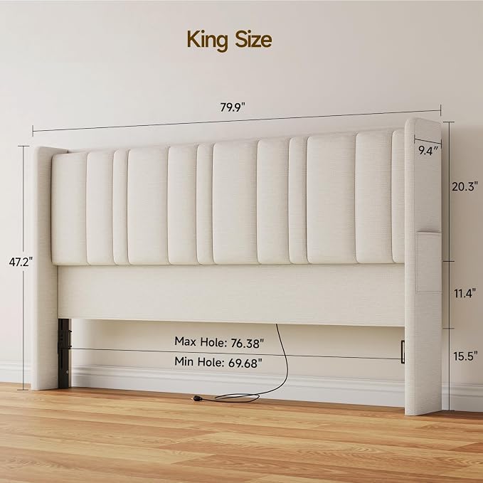ONBRILL King Size Headboard with Storage, LED Light, Off White | Linen Vertical Wingback Headboard w/ Charging Station, Upholstered Head Board w/ High-Density Foam Padding, 2 Storage Pockets