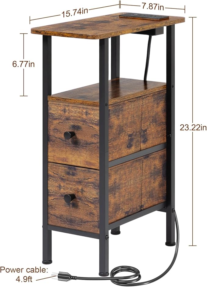 LOAKEKEL Narrow End Table with Charging Station, Small Nightstand | Skinny Side Tables Living Room with 2 Fabric Drawers, Slim Bedside Table with LED Lights for Bedroom, Small Spaces, Brown