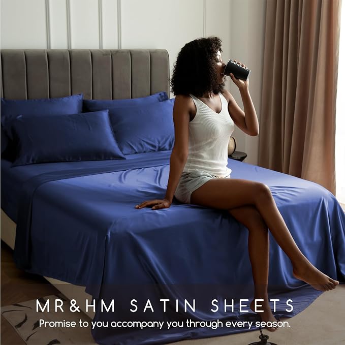 MR&HM Satin Sheets Full Size with Elastic Corner Straps, Navy Blue | Similar to Silk, 4-Piece Silky Soft Bed Sheet Set, Gentle on Skin and Hair, 15" Deep Pocket, Cooling & Breathable