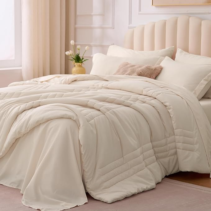 Twin Comforter Set Beige - Bed in a Bag Twin Size 5 Pieces, Soft Bedding Set for All Seasons, Premium College Dorm Comforter Set with Comforter, 1 Sheet, 1 Pillowcase & 1 Sham