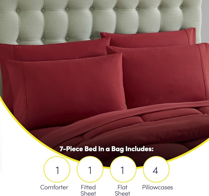 Sweet Home Collection 7 Piece Comforter Set Bag Solid Color All Season Soft Down Alternative Blanket & Luxurious Microfiber Bed Sheets, Red, Queen
