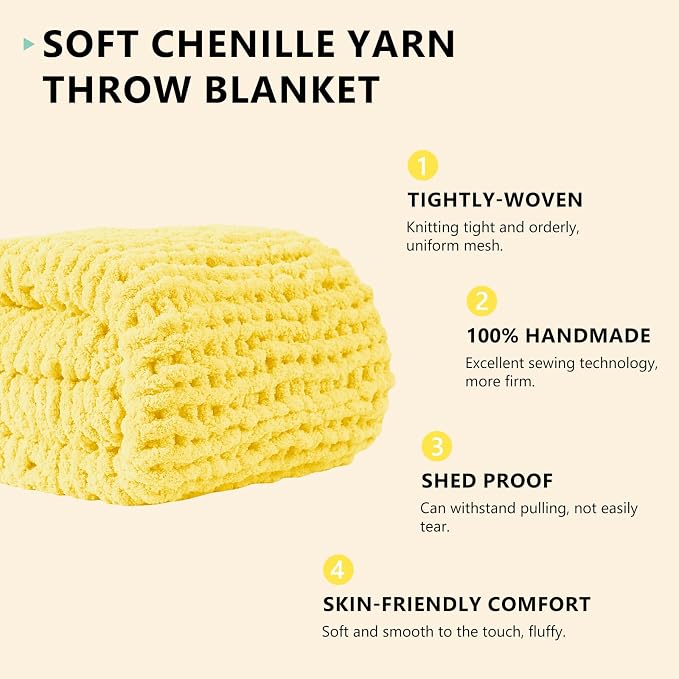 L'AGRATY Chunky Knit Throw Blanket for Couch, 50 x 60 Inches, Egg Yellow | Handmade Chenille Crochet Blanket for Sofa Bed, Thick Cable Knitted Blankets for Room Home Decor, Birthday Gift for Women Mom
