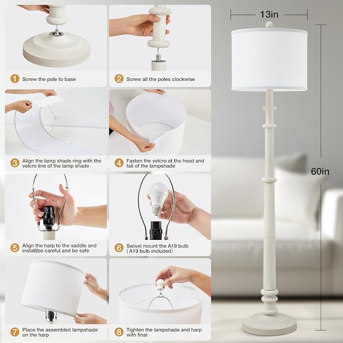 Floor Lamps for Living Room - 60" Farmhouse Floor Lamp with Adjustable Color Temperatures - Vintage Standing Lamp Reading Light with Linen Shade Retro Tall Lamp for Bedroom Office, Almond White