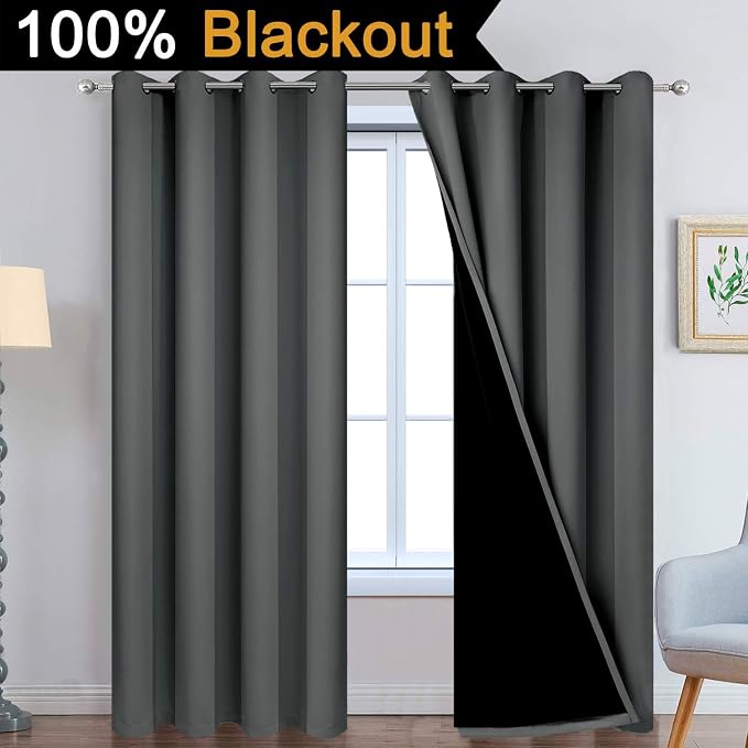 Yakamok Dark Grey 100% Blackout Curtains 96 Inches Long 52" Wide 2 Panels | Blackout Curtain Panels for Bedroom, 2 Thick Layers Grommet Top Thermal Insulated Drapes with Black Liner for Living Room