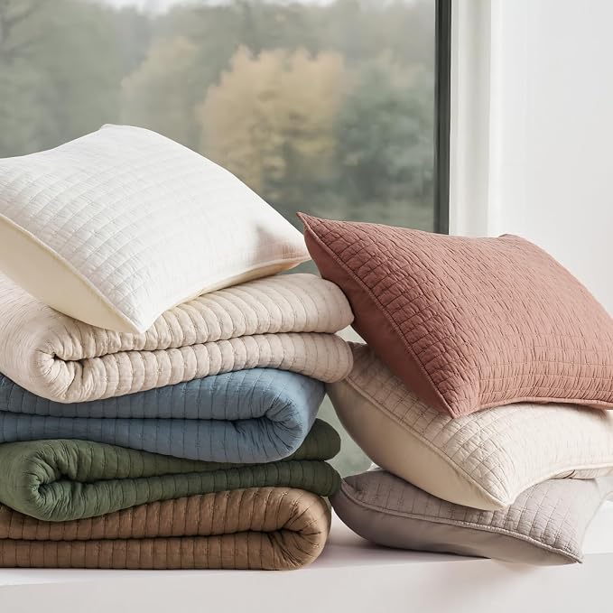 Cross Stitch Pre-Washed Cotton Quilt Bedding Set King Size, Oversized 3 Pieces Lightweight Bedspread Coverlet for All Season, with 2 Matching Shams, Olive Green,108"x96"