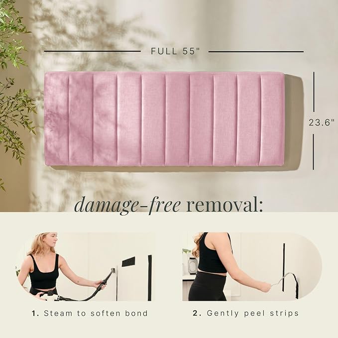 Nestl Upholstered Full Headboard - Easy Assemble Channel Stitched Headboard Full Size - Wall Mounted Headboards with 3D Soundproof Wall Panels Peel & Stick Floating Headboards, Pink