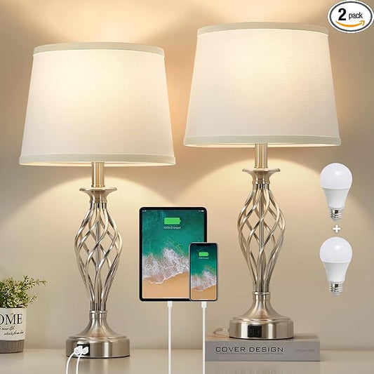 Table Lamp for Bedroom Set of 2 with USB C+A Ports,Modern Night Stand Lamps | Silver Bedside Lamps with Spiral Cage Base,White Fabric Shade,Lamp for Living Room Reading Bed Side End Table,Bulbs Included