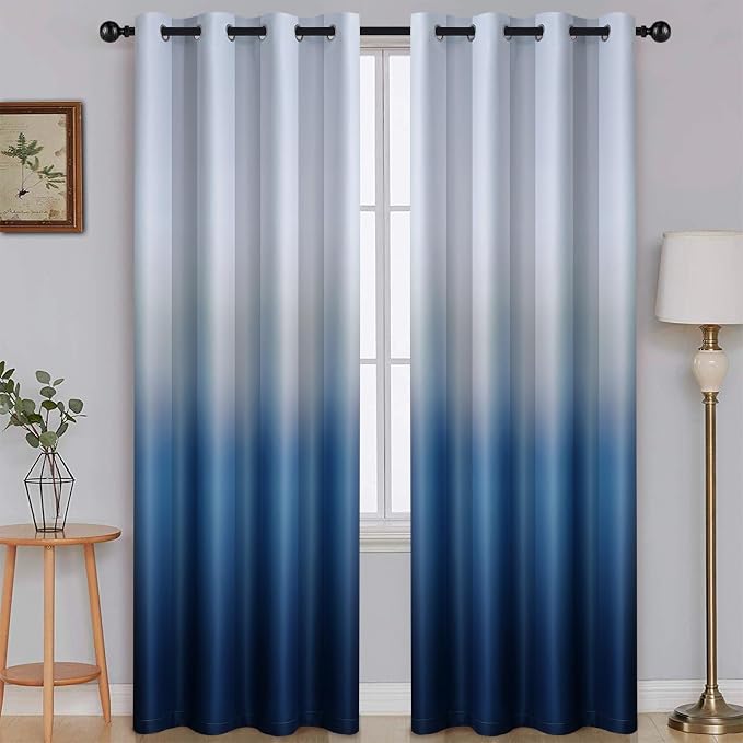 SimpleHome Ombre Gradient Blue White to Gray Curtains for Bedroom,52Wx84L | Room Darkening Curtains,Light Blocking Thermal Insulated Grommet Window Curtains for Living Room,2 Panels,84 Inches Length