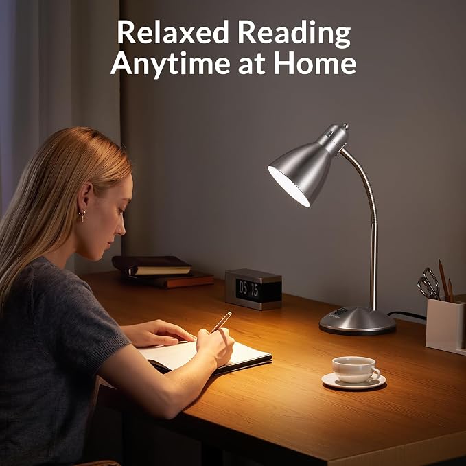 LEPOWER Metal Desk Lamp, Adjustable GooseNeck Reading Light for Bedroom | Compact & Sturdy, Space-Saving for Bedside & Dorm, E26 Table Lamp, Eye-Caring, Ideal for Study, Office, Back to School
