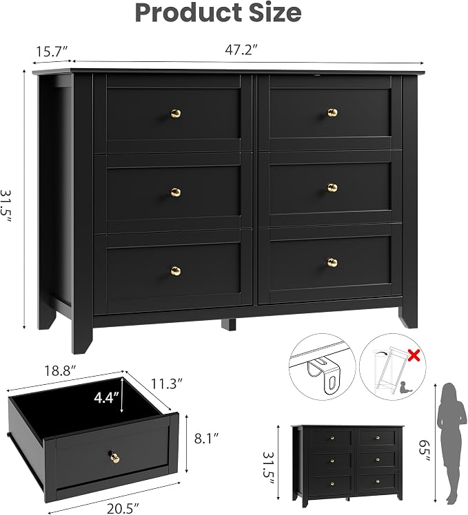 Garvee 6 Drawer Dresser for Bedroom, 47.2" Wide Modern Large Chest of Drawers with Metal Knobs, Wooden Clothes Storage Organizer for Closet, Nursery, Living Room, Apartment, Black | Lacquered Finish, Metal Knobs, Clothes Storage Organizer for Closet, N...