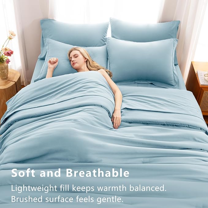 Oversized King Comforter Set Light Blue, 7 Pieces 120"x98" Bed in a Bag Comforter Set with Sheets, All Season Soft Bedding Sets with Down Alternative Comforter, Sheets, Pillowcases & Shams