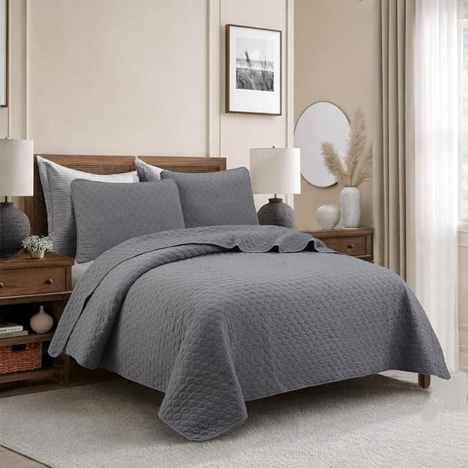 Cozy Line Home Fashions 100% Cotton Quilt Set – 3-Piece Charcoal Gray Solid Classic Modern Quilted Bedspread with Shams, Lightweight All Season Modern Bedding (Honeycomb Gray, Queen)