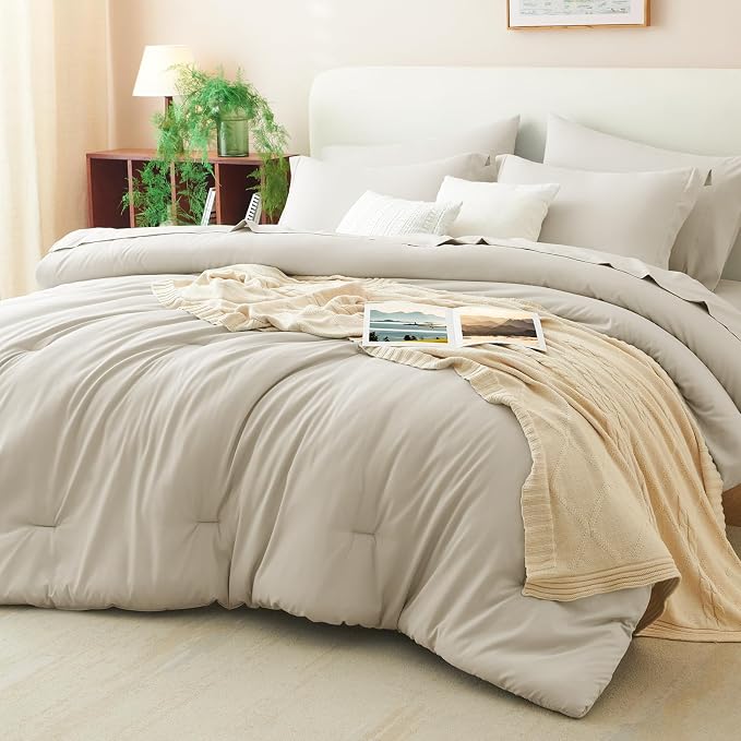 Queen Comforter Set Beige, 7 Pieces Bed in a Bag | OEKO-TEX Certified, All-Season, Bedroom, 240GSM Down Alternative Comforter, Flat & Fitted Sheets, 2 Pillowcases & 2 Shams
