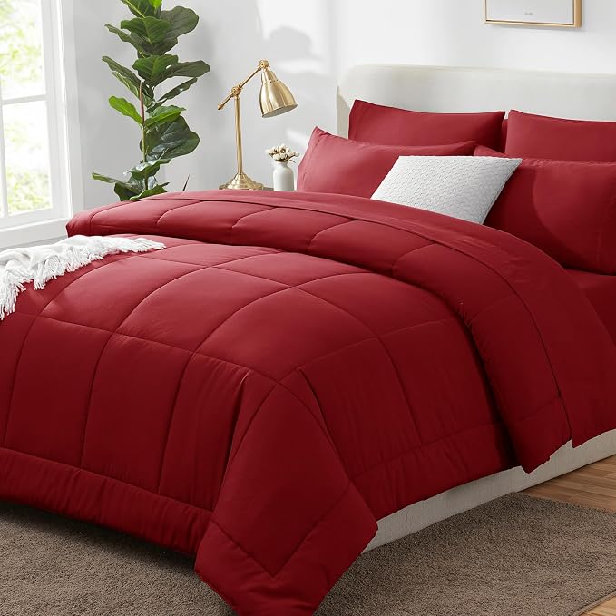 King Size Comforter Set Dark Red - 7 Pieces Bed in a Bag | OEKO-TEX Certified, All-Season, Bedroom, Guest Room, Down-Alternative Comforter + Flat & Fitted Sheets + 4 Pillowcases