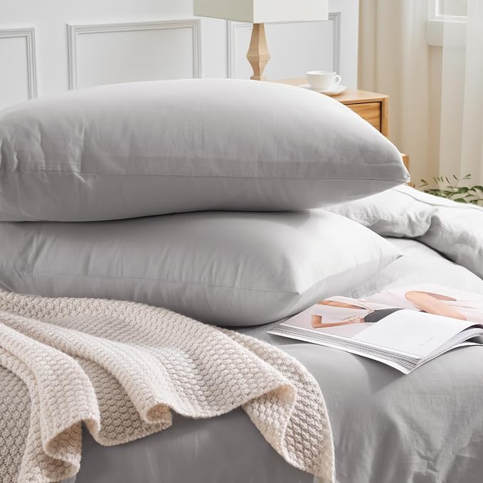 NEXHOME PRO Duvet Cover Set Queen Size Linen Feel Textured Organic Natural 100% Washed Cotton Duvet Cover 3 Pieces Bedding Set with Zipper Closure, Breathable, Soft, Light Grey (No Comforter)