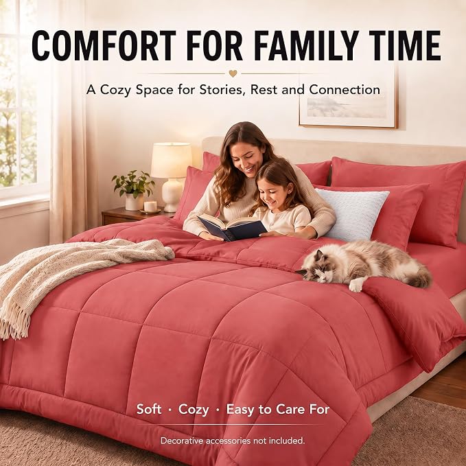 King Size Comforter Set Coral - 7 Pieces Bed in a Bag | OEKO-TEX Certified, All-Season, Bedroom, Guest Room, Down-Alternative Comforter + Flat & Fitted Sheets + 4 Pillowcases