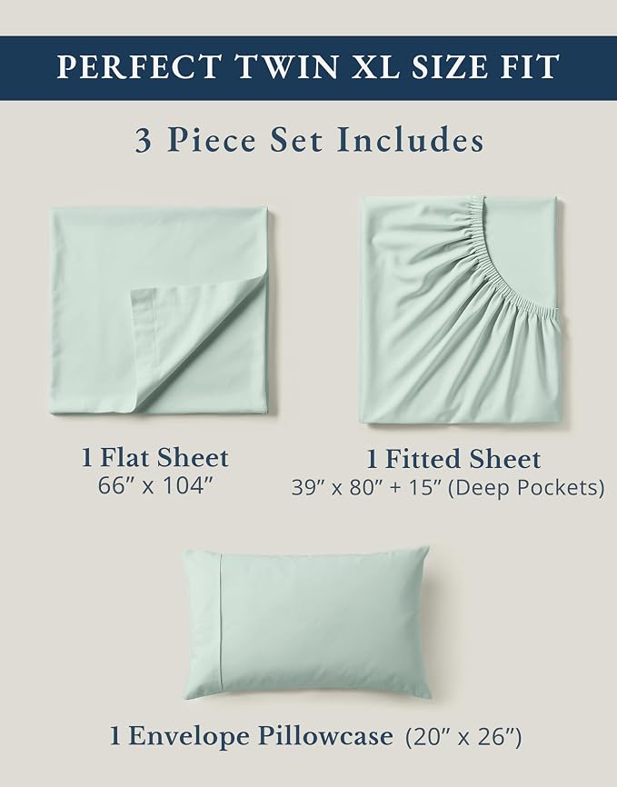 LANE LINEN Twin XL Sheet Set 100% Organic Cotton Soft 3pc - Cool Blue | Twin XL Sheets In Organic Cotton Percale - Breathable For Year-Round Sleep, Best-Value Organic Cotton, For Hot Sleepers