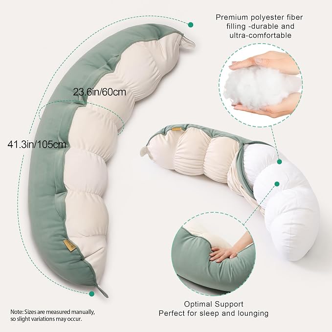 Peallow(Pat. Pend) – Long Round Body Pillow for Adults, Bolster Pillow for Sleeping, Soft and Supportive Pillow for Sleeping & Lumbar Support (Green-White, 29.5")