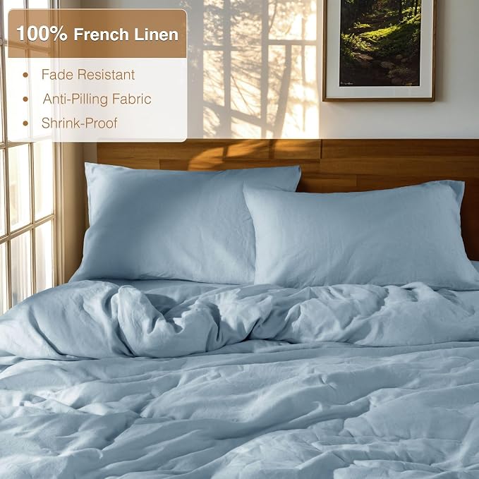 SONORO KATE 100% French Linen King Duvet Cover Set,Zipper Closure,3PC | Natural French Flax,Soft Breathable for Hot Sleepers,Moisture Wicking & Durable,4 Corner Ties,Dusty Blue