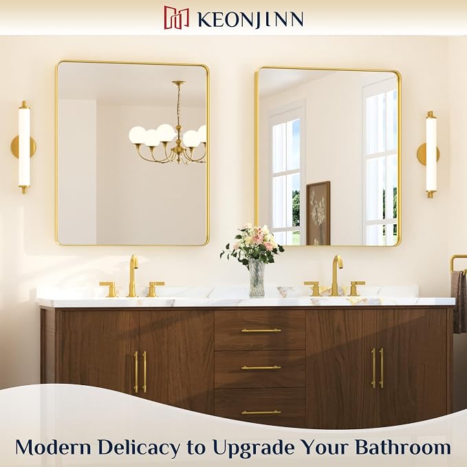 Keonjinn 30 x 36 Inch Brushed Gold Bathroom Vanity Mirror, Aluminum Frame | HD Tempered Glass, Brass Bathroom Mirrors for over Sink, Anti-Rust Aluminum Frame, Rounded Rectangle, French Cleat Mount