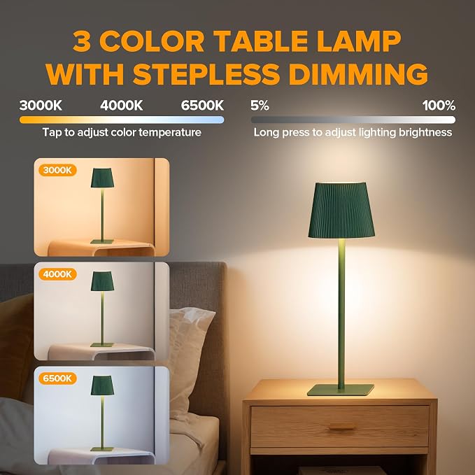 LUTEC 4 Pack Cordless Table Lamp,6000mAh Rechargeable Battery Operated Desk Lamp,Two Adjustable Heights,Waterproof, Touch Control & 3 Color Stepless Dimming for Restaurant/Bedroom/Bars/Outdoor (Green)