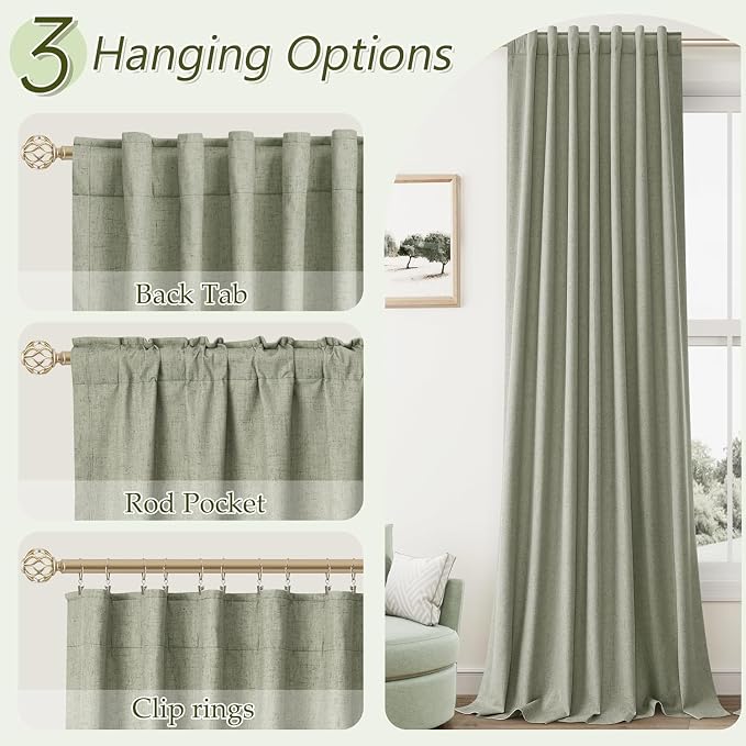 Sage Green 100% Blackout Curtains 54 Inch Length 2 Panels Set for Living Room Bedroom Back Tab Thermal Insulated Black Out Linen Drapes Room Darkening Window Curtains