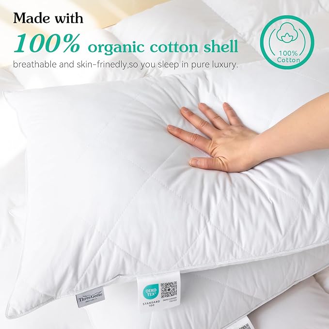 Three Geese White Goose Feather & Cotton Pillows Queen/Standard Size Set of 2 - Soft 600 Thread Count 100% Cotton, Medium Firm, Soft Support, White Solid