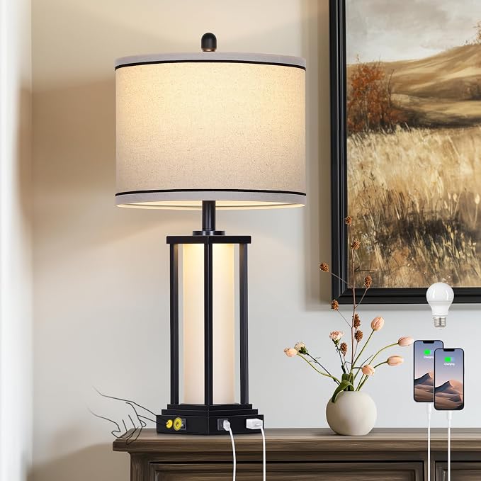 Cinkeda 27" Tall Vintage Table Lamp with USB C+A & Outlet,Black Industrial End Table Lamp for Living Room,Farmhouse Rustic Bedside Lamp with Frosted Glass Night Light for Bedroom Nightstand,Black-1P