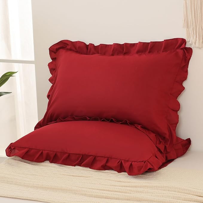 Burgundy Pillowcases King Pillowcases Ruffled Pillow Shams Set of 2 Cute Pillowcases Solid Ruffled Fringe Design Red Shabby Chic Pillowcases 2 Pack (King (20''x36''), Burgundy)