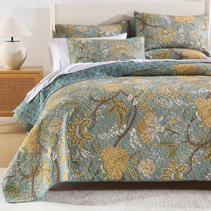 Wistown Cotton Bedspread Bedding Coverlet Quilt Sets, Reversible Vintage Branch Floral Bedspread comforters, (Rustic Sage Green Floral Pattern, King Size)
