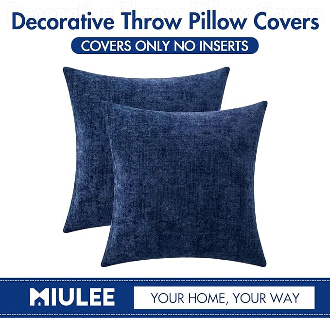 MIULEE Soft Chenille Throw Pillow Covers Navy Blue 18x18 Inch Pack of 2 | Modern Coastal Home Decor, Classic Decorative Pillows, Solid Dyed Cases, Boho Couch Cushion Covers for Sofa Bed Living Room