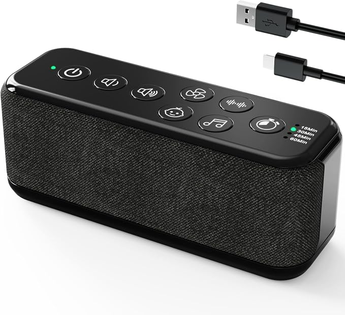 White Noise Machine with Rain Sounds, Rechargeable Sound Machine for Sleep | 42 Non-Looping Sounds, USB-Rechargeable 3000mAh Battery, Dual Speakers, Auto-Off Timer, 8 Volume Levels and Memory