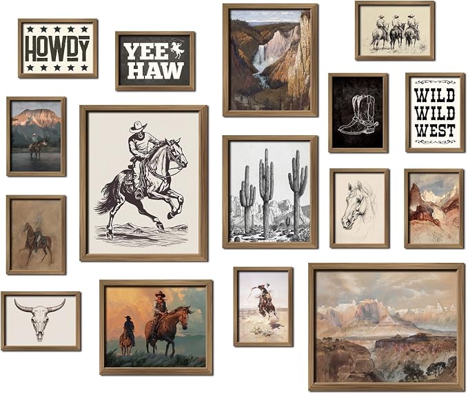 ANERZA 16 PCS Framed Western Wall Art Decor, Southwestern Gallery Wall Frame Set Prints for Bedroom Bathroom, Cowboy Posters for Living Room Aesthetic, Dorm Home Artwork Collage Kit