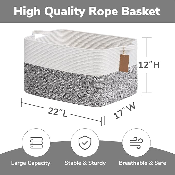 Goodpick 75L Extra Large Woven Rope Blanket Basket, Rectangle, Light Gray | 22" × 17" × 12" Decorative Storage Basket for Pillows & Clothes, Fits Bedroom & Nursery Organization, Reinforced Handles