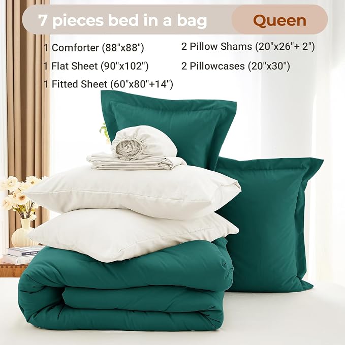 7 Pieces Queen Comforter Set, Soft Bed in a Bag Queen Size, All Season Bedding Set with Comforter, Flat Sheet, Fitted Sheet, Pillowcases & Shams, Peacock Blue & Ivory