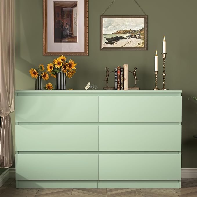Vibe & Dine 6 Drawer Double Dresser, Modern Chest of Drawers with Wide Storage for Closet, Bedroom, Living Room (Light Green)