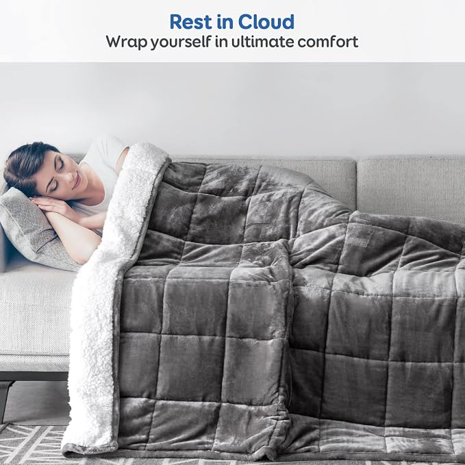 Cottonblue Sherpa Fleece Weighted Blanket 15lbs for Adults Twin Size 48x72 | Soft Cozy Flannel Weighted Blankets Throw for Sleep Calm Relax, Fuzzy Warm Bed Couch Heavy Blanket, Glass Beads, White Grey
