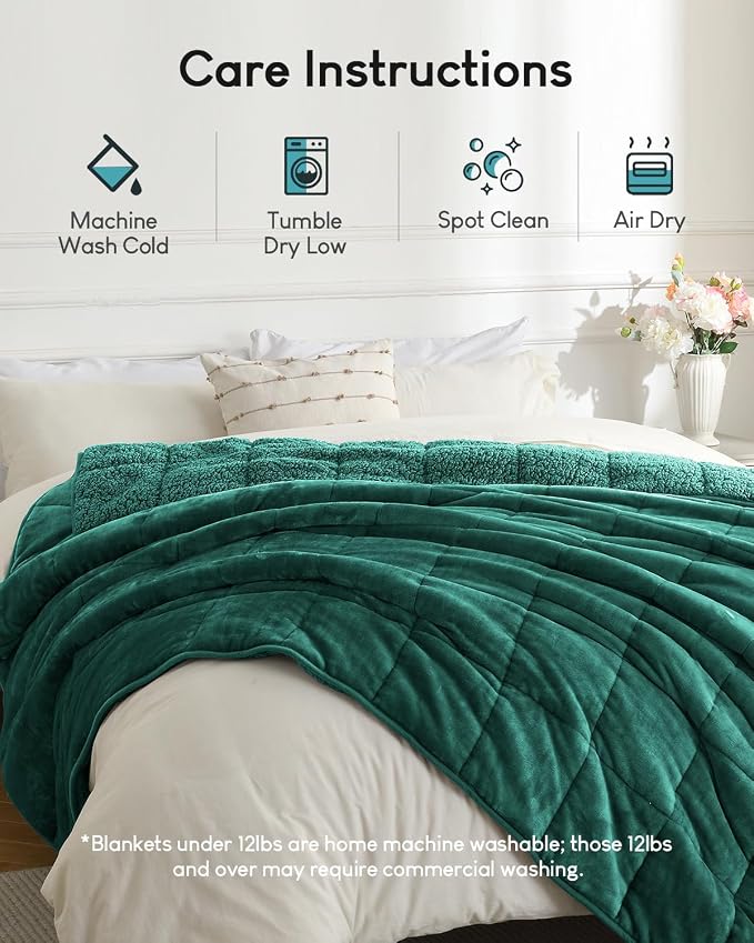 Cottonblue Sherpa Fleece Weighted Blanket 15 lbs for Adults Twin Size Soft | Cozy Soft Sherpa Flannel Green Weighted Blankets Throw for Sleep Calm Relax, Warm Fuzzy Fur Heavy Blanket for Bed Couch Sofa