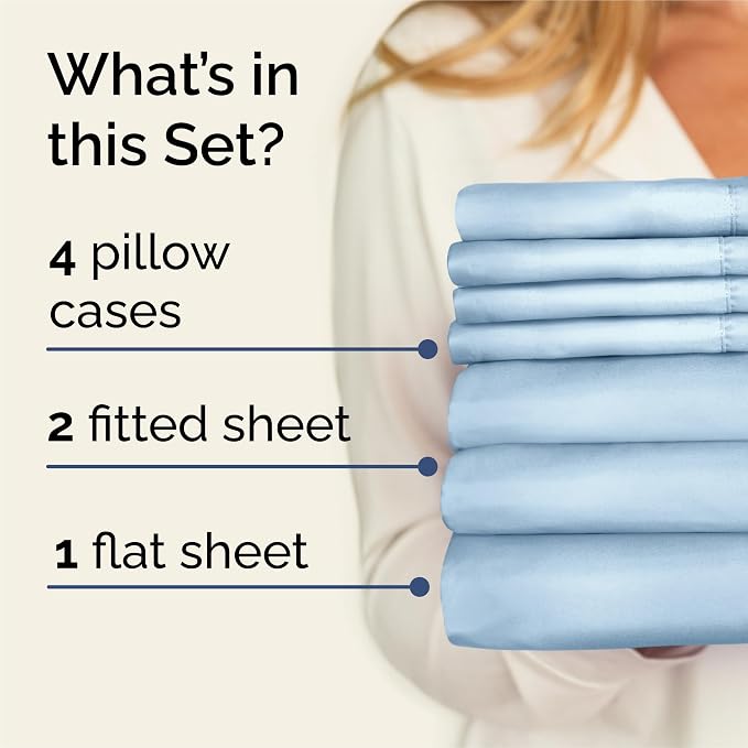 Split King 7 Piece Bed Sheet Set - Comfy, Breathable & Cooling - Baby Blue | Ultra-Soft Hotel Luxury Bedding Set w/ 8-16 Inch Deep Pockets, 1 Flat & 2 Fitted Sheet & 4 Pillowcases, Wrinkle & Fade Free