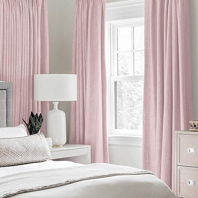 MIULEE 100% Blackout Linen Curtains for Bedroom 52x90 Inches Pink | Room Darkening, Light Blocking, Thermal Insulated, Grommet Top, Linen Textured, Window Curtains for Living Room, 2 Panels