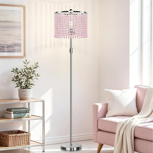 【Upgraded】 Dimmable Crystal Floor Lamps for Living Room with Chandelier Lampshade, Standing Lamp with Knob Switch, Tall Pink Floor Lamp for Girl Bedroom, Dresser, Office