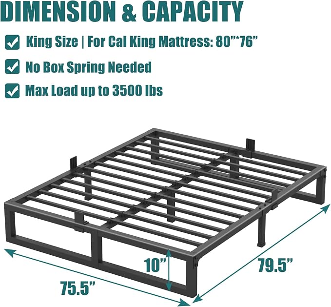 Yitong Angel 10 inch King Size Bed Frame Low Profile Metal Platform Frames with Mattress Slide Stopper,Heavy Steel Slats Support,No Box Spring Needed,Noise Free,Non-Slip,Easy Assembly